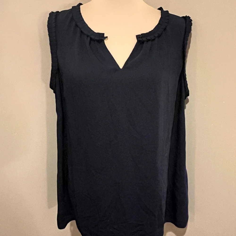 Talbots Navy Ruffle Keyhole Neck Sleeveless Blouse, 1X